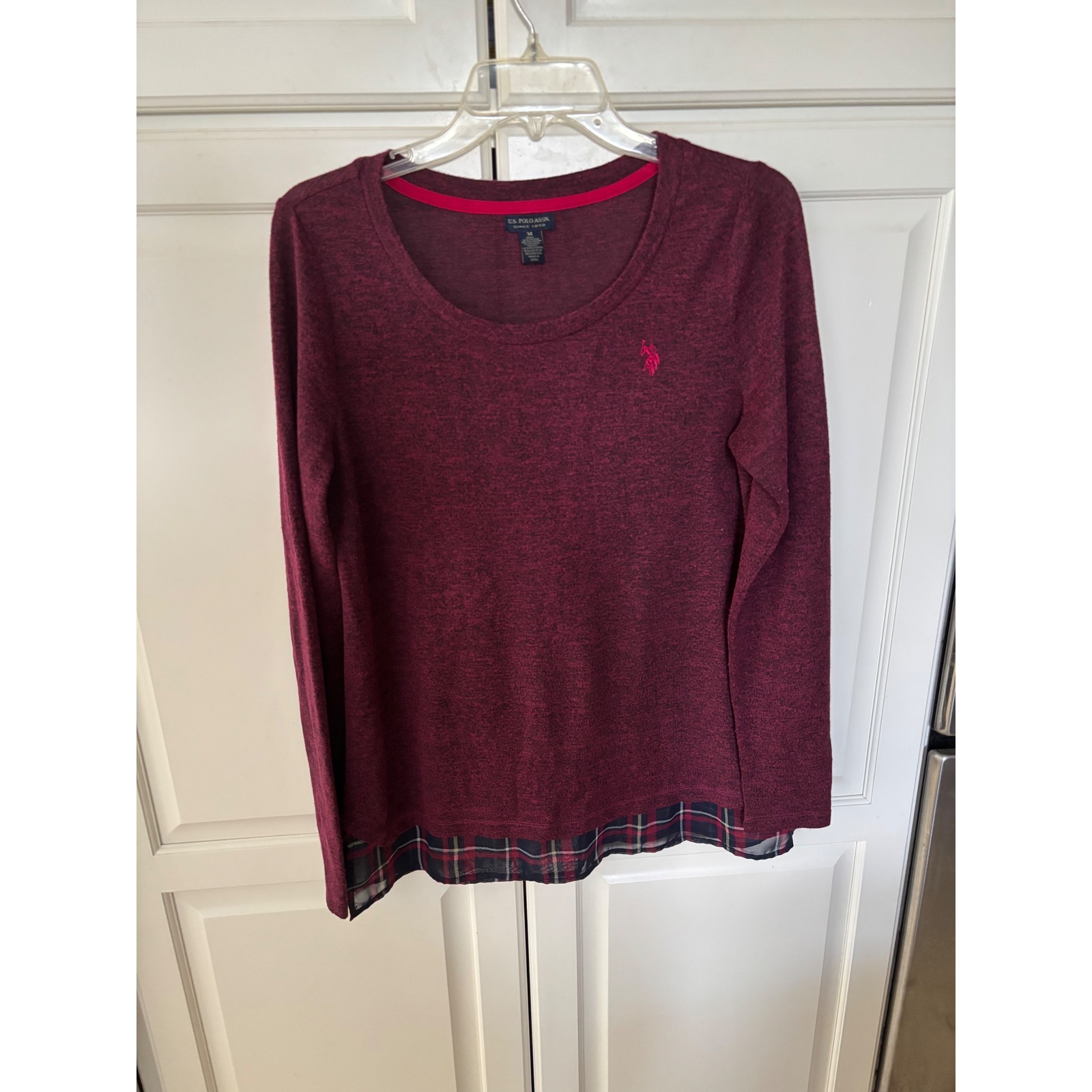 Us Polo Assn Womens Burgundy Marl Plaid Layered Hem Long Sleeve Top Medium